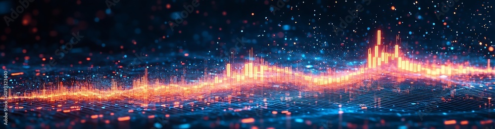 Fototapeta premium Dynamic Data Visualization with Abstract Digital Waveform and Glowing Particles for Technology and Science Concepts : Generative AI