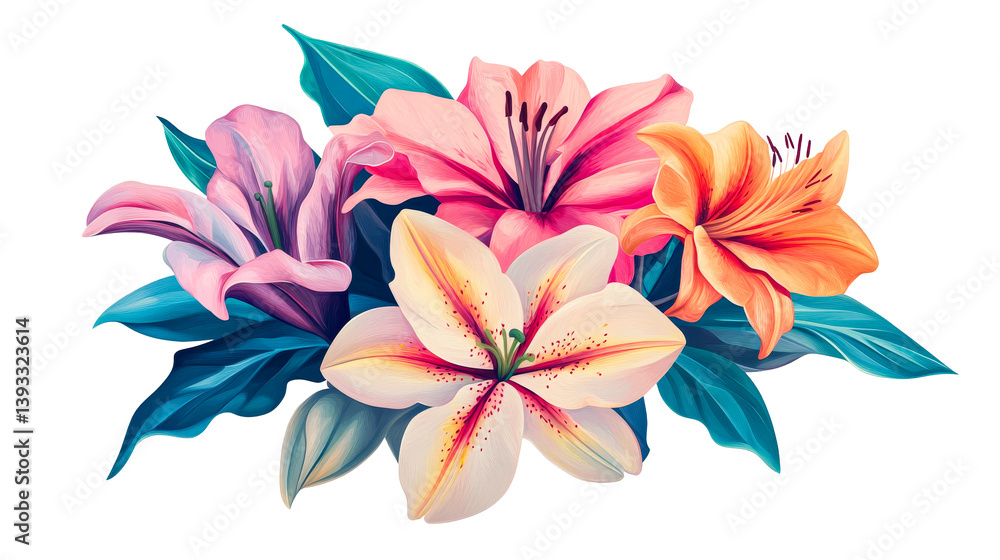 Naklejka premium Floral arrangement of lilies, vibrant illustration, cut out transparent