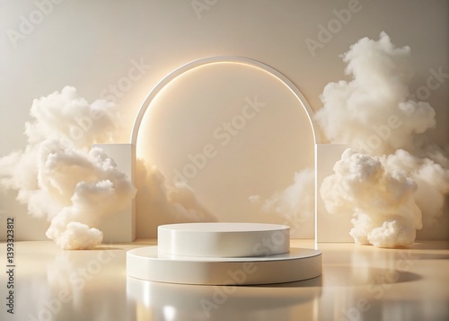 Clean White Podium Display for Product Presentation Minimalist Cloud Background Ideal for Ecommerce Marketing and