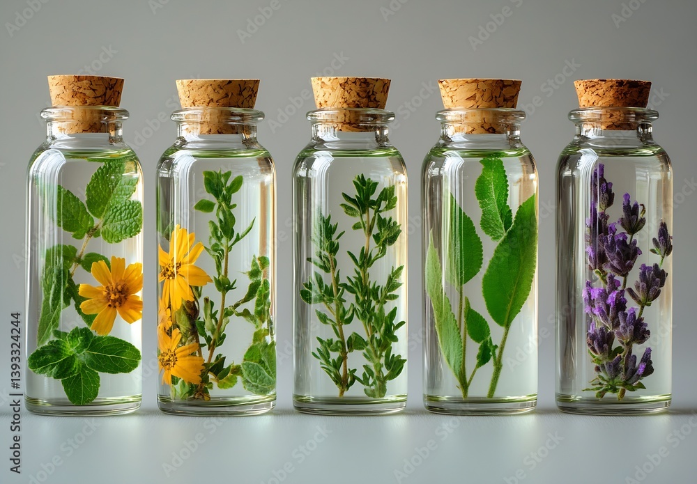 Charming collection of glass bottles with corks filled with assorted herbs and flowers in a bright setting : Generative AI Charming collection of glass bottles with corks filled with assorted herbs and flowers in a bright setting : Generative AI