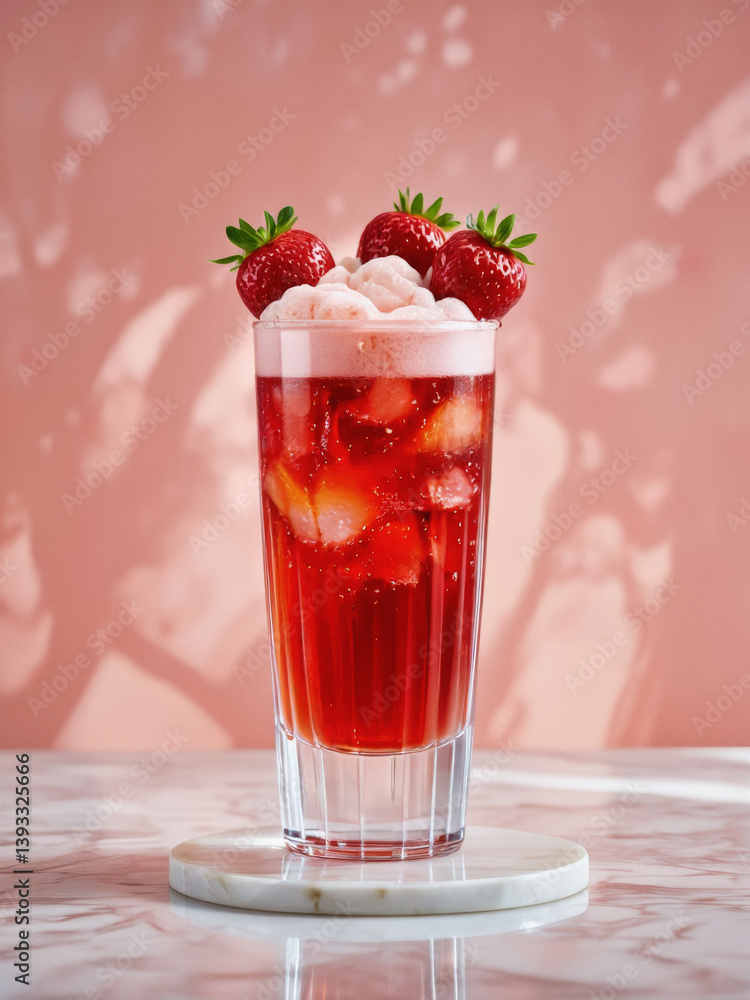 Vivid design food and beverage advertisement: A refreshing strawberry fizz cocktail with fresh strawberries and whipped cream is presented in a tall glass against a pink and white textured backdrop. Vivid design food and beverage advertisement: A refreshing strawberry fizz cocktail with fresh strawberries and whipped cream is presented in a tall glass against a pink and white textured backdrop.