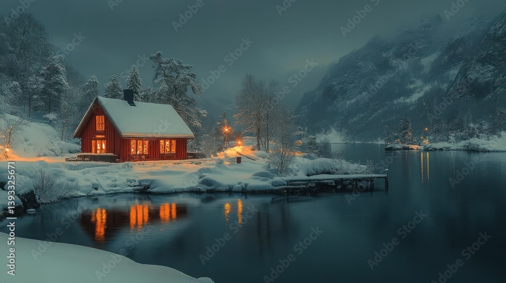 Fototapeta premium Cozy winter cabin by a serene lake