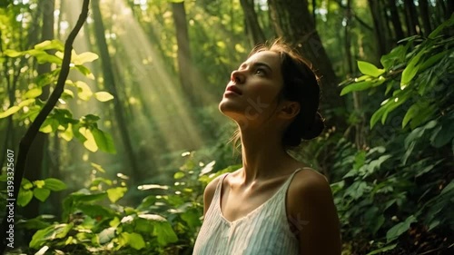 Cinematic Close-Up of Young Woman in Lush Forest, Breathing Fresh Air