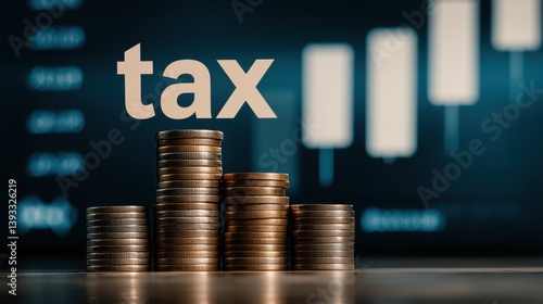Tax concept with coins and financial growth indicators in the background.