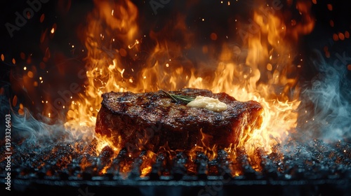 Sizzling steak surrounded by flames and smoke on a grill.