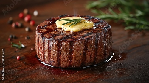 Juicy steak topped with butter on a rustic wooden table.