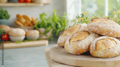 Freshly baked bread on a wooden board with a cozy kitchen backdrop.