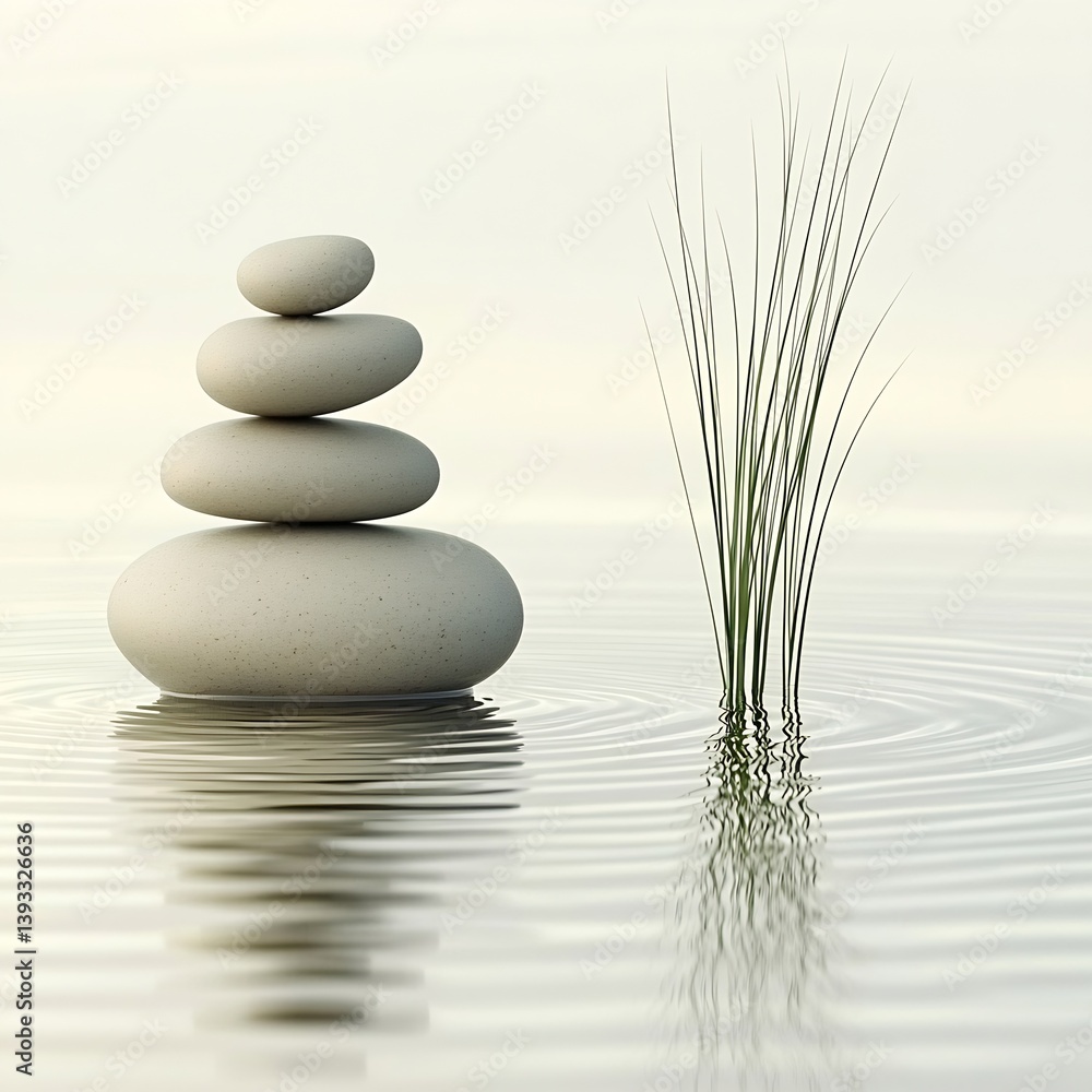 Zen Stones Stacked in Water Balance and Harmony Meditation and Relaxation Scene with Smooth Rocks and Reflection : Generative AI