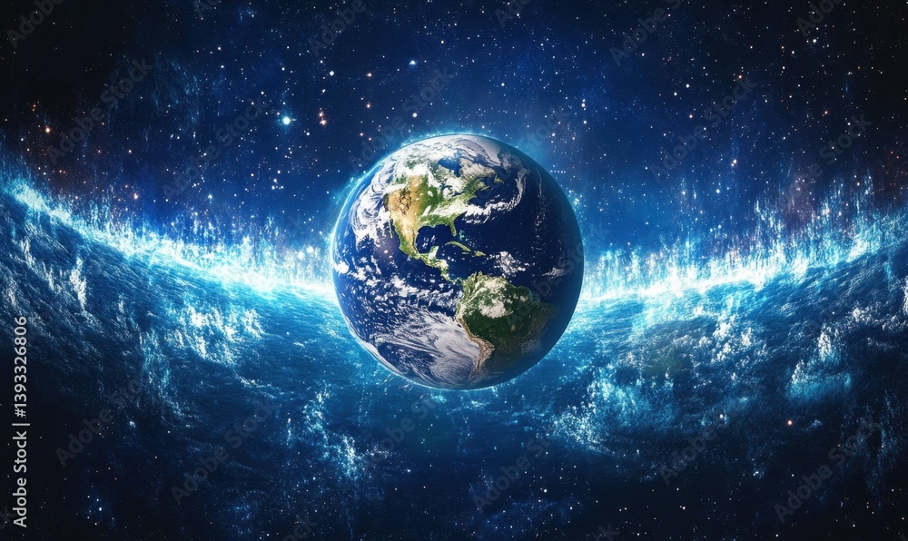 Obraz premium The Earth, surrounded by sound waves, with space in the background Generative AI