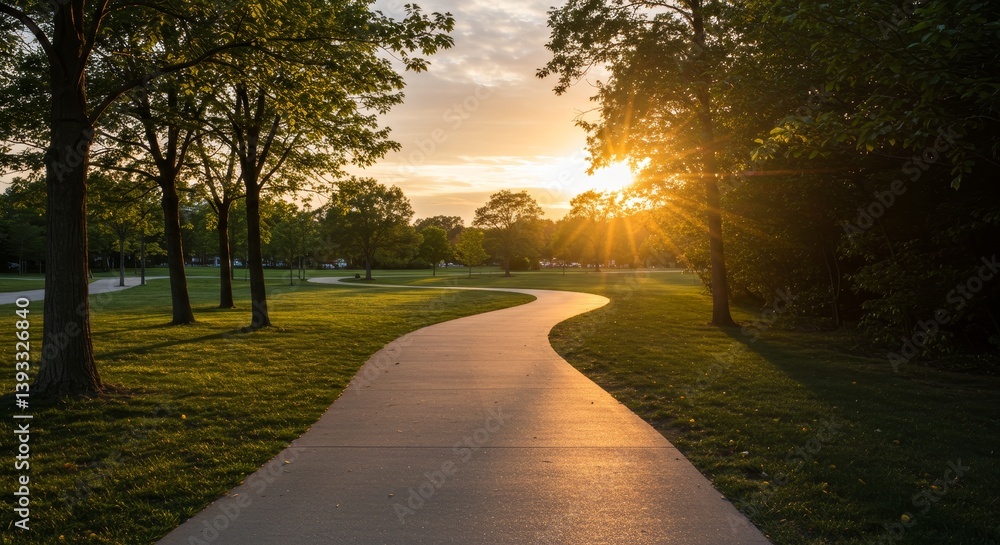 Fototapeta premium Tranquil Sunset Park Path - Serene sunset scene, winding path, lush greenery, golden hour light, peaceful nature. Symbolizing peace, journey, hope, nature, and tranquility