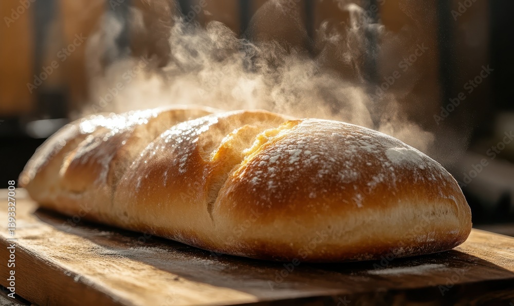 Freshly baked bread with steam rising, resting on a wooden board. Freshly baked bread with steam rising, resting on a wooden board.