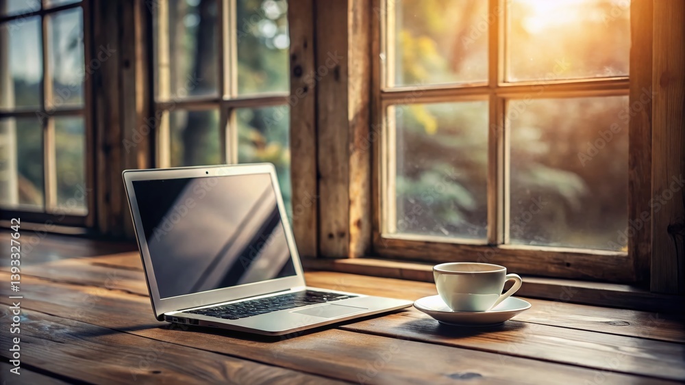Fototapeta premium Cozy Coffee Shop Ambiance A Minimalist Workspace with Laptop and Brewed Coffee on a Wooden Table Perfect for