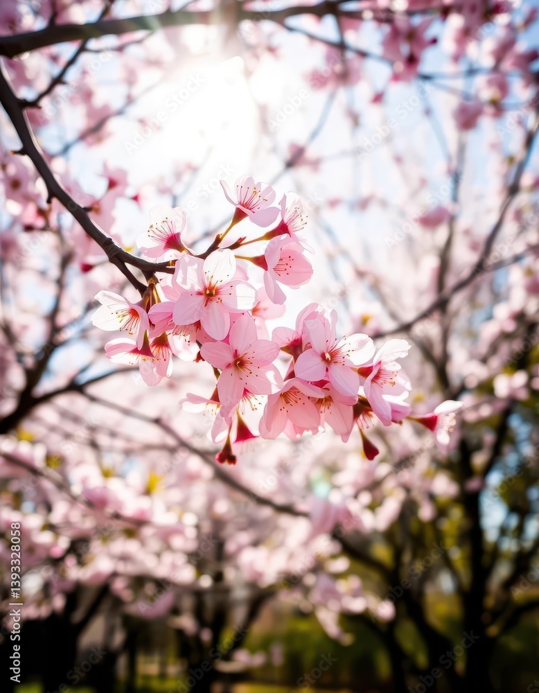 Delicate pink cherry blossoms, gently swaying in bright sunlight, against a backdrop of blooming trees, breeze, sakura, floral Delicate pink cherry blossoms, gently swaying in bright sunlight, against a backdrop of blooming trees, breeze, sakura, floral