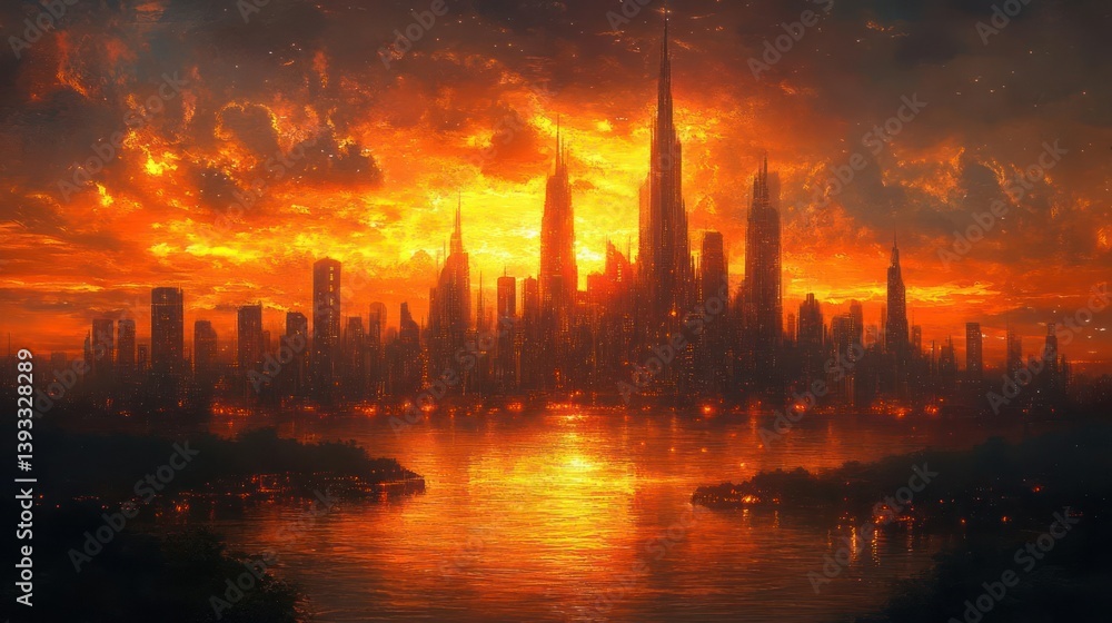 Fototapeta premium Fiery Sunset over a Metropolis