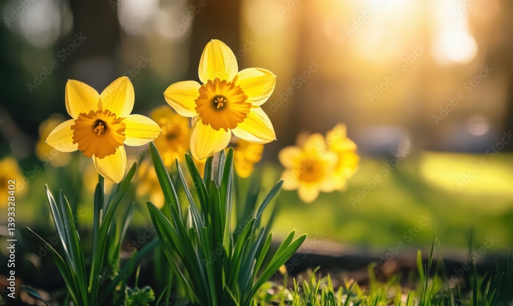 Obraz premium sunlight on Easter flowers, abstract blank blurred spring background, beauty in nature concept, copy space -