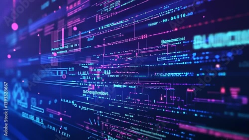 Futuristic digital code visualization with neon glow and data stream background