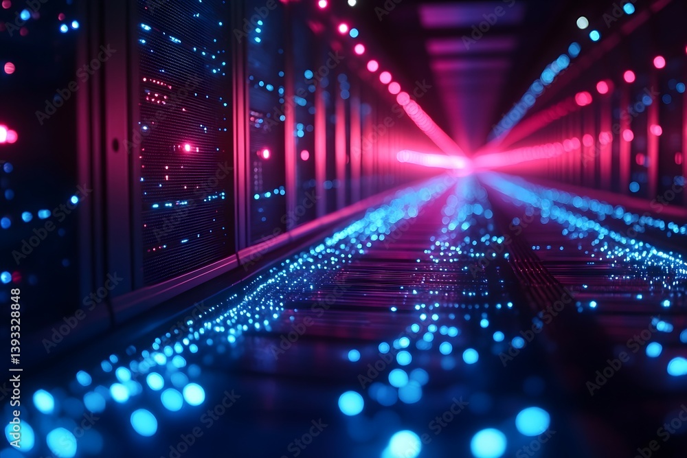 Obraz premium Server room with glowing blue and pink lights creating a futuristic atmosphere.