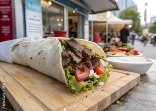 Wrapped Turkish Doner Kebab with Fresh Vegetables and Sauce 