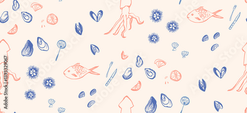 Ses food pattern, fish, mollusk and shells illustration, line sketch drawing background