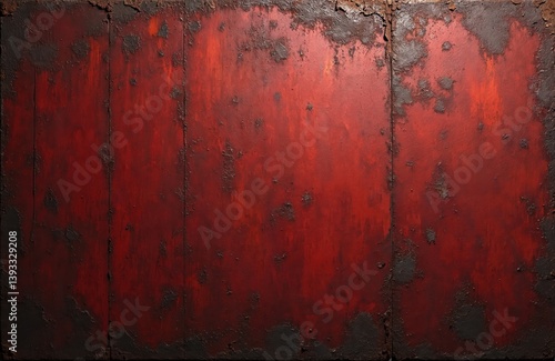 Old weathered red metal texture background. Rusty dark iron surface with corrosion. Grunge steel plate detail with peeling paint. Vintage abstract metallic sheet, industrial wallpaper.