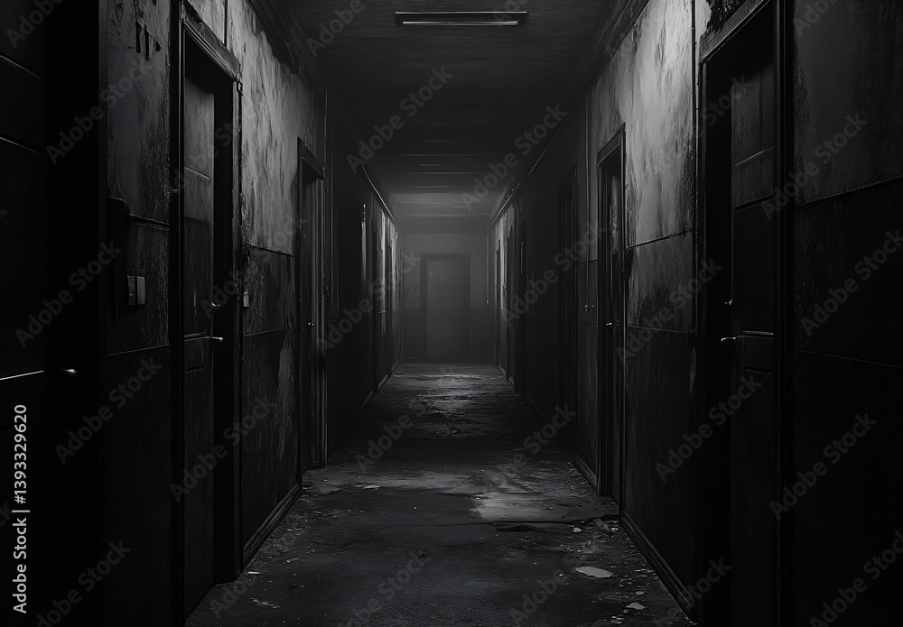 Gloomy monochrome corridor showcasing worn walls and an unsettling ambiance for horror settings : Generative AI Gloomy monochrome corridor showcasing worn walls and an unsettling ambiance for horror settings : Generative AI