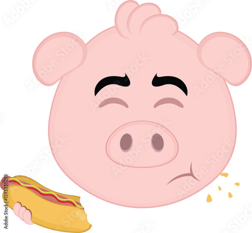 vector illustration emoji character face pig cartoon, eating fast food from a hot dog