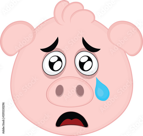 vector illustration emoji character face pig cartoon, with a sad expression, watery eyes and a tear falling from one eye
