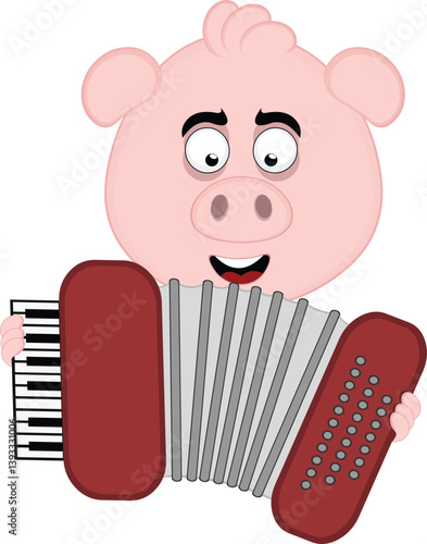 vector illustration emoji character face pig cartoon, playing musical instrument accordion