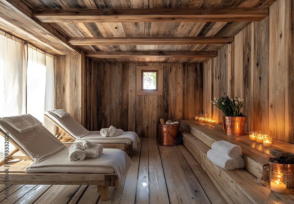 Naklejka premium Tranquil spa retreat with wooden decor featuring lounge chairs and soft lighting for relaxation : Generative AI