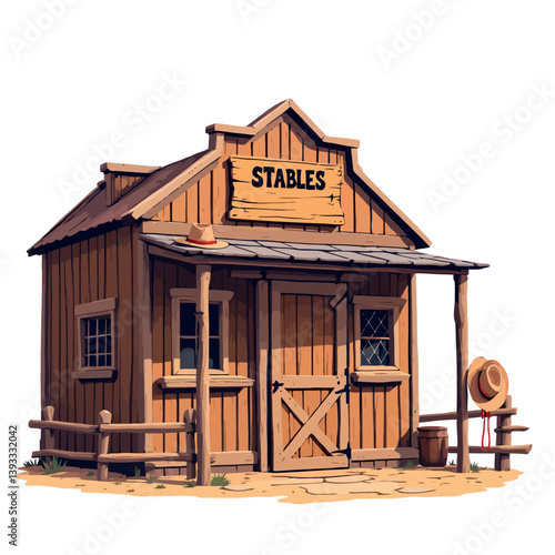 Vsai old wooden stables building in wild west style with cowboy hats