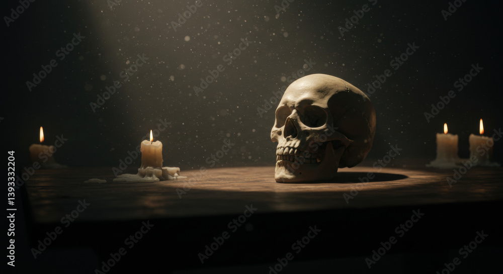 Skull illuminated by candles on a dark table background Skull illuminated by candles on a dark table background