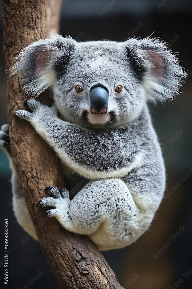 Obraz premium Cute Koala Holding onto Tree Branch Close Up Portrait of Australian Wildlife Animal in Natural Habitat : Generative AI