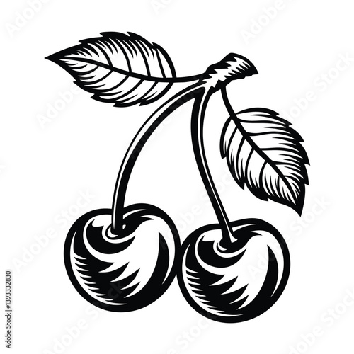 Wallpaper Mural Two Cherries with Stem and Leaves, Bold Outline Black and White, Isolated on White Torontodigital.ca