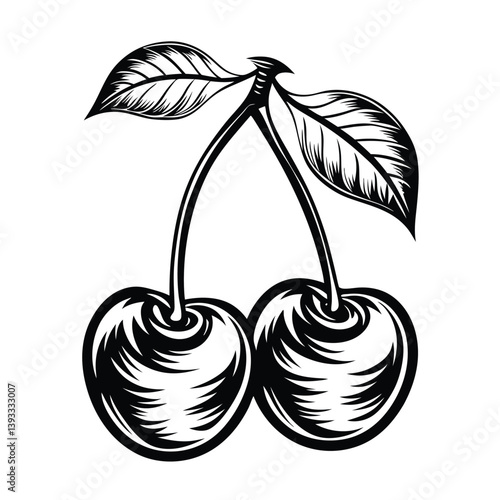 Wallpaper Mural Black and White Cherries with Leaves Artwork, Detailed Vintage Style Isolated on White Torontodigital.ca