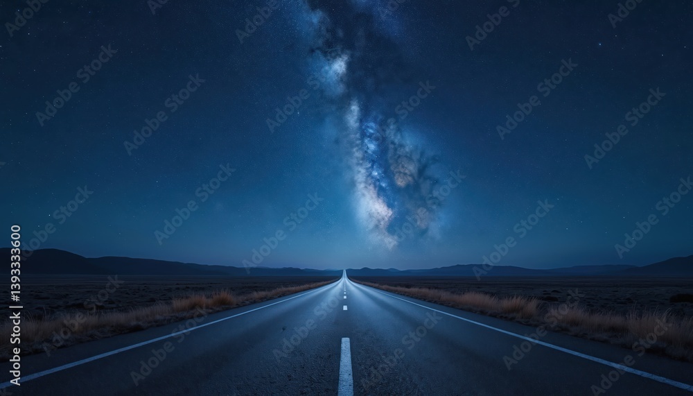 Naklejka premium Endless road under starlit night sky. Milky Way galaxy over highway, journey, travel, destiny. Empty dark roadway leads to distant horizon, inspiring thoughts about future, travel, cosmos, adventure.