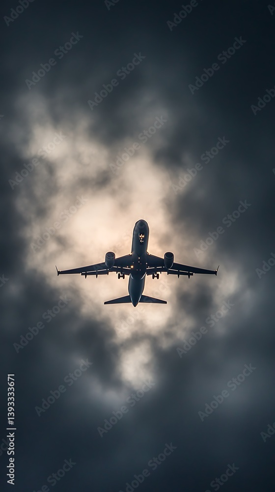 The airplane ascends towards the sun through dark and dramatic clouds The airplane ascends towards the sun through dark and dramatic clouds