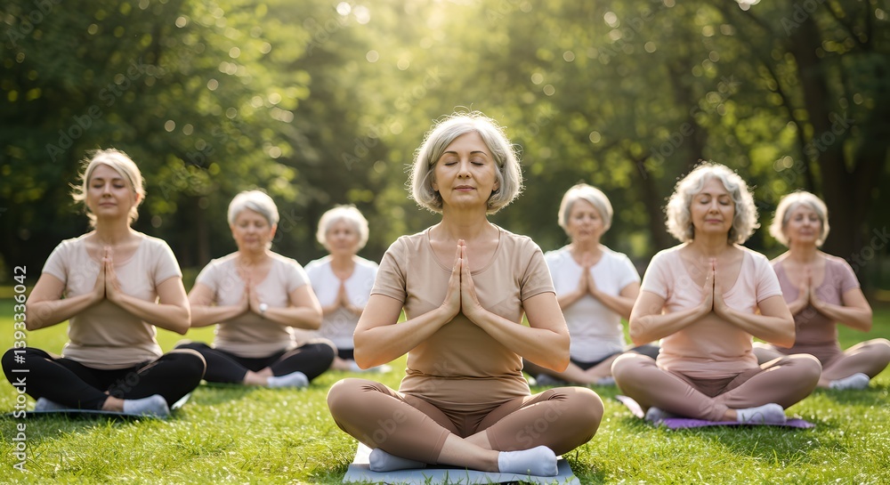 Fototapeta premium Woman teaching meditation to senior women group outdoors in park. Breathing exercises, relax. Active retirement and healthy lifestyle. Group yoga session for elderly people
