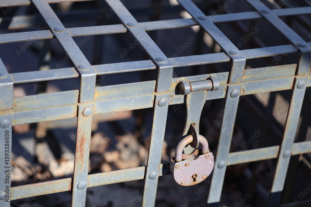 A metal cage secured with a padlock, ideal for use in scenes about confinement or restriction.