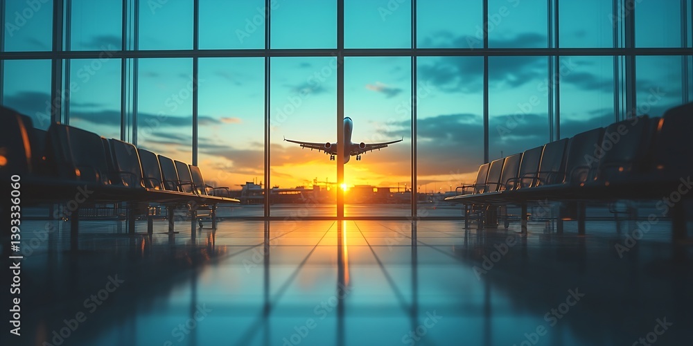 Fototapeta premium Dramatic Airport Sunset View Airplane Taking Off Against a Colorful Sky from Inside Modern Terminal Windows : Generative AI