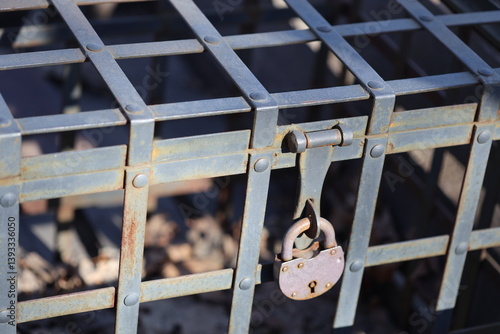 Obraz na płótnie A metal cage secured with a padlock, ideal for use in scenes about confinement or restriction. w salonie