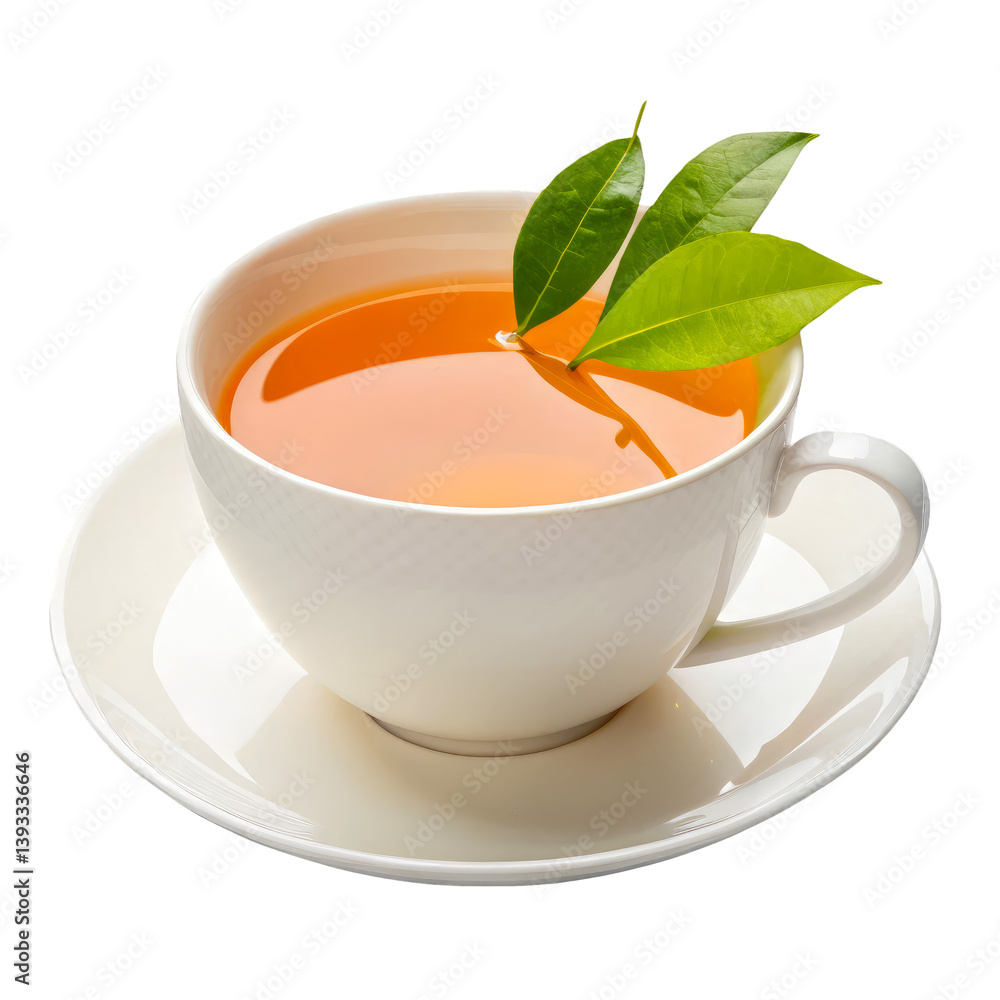 A white porcelain tea cup with green leaves on a transparent background for herbal beverage design A white porcelain tea cup with green leaves on a transparent background for herbal beverage design