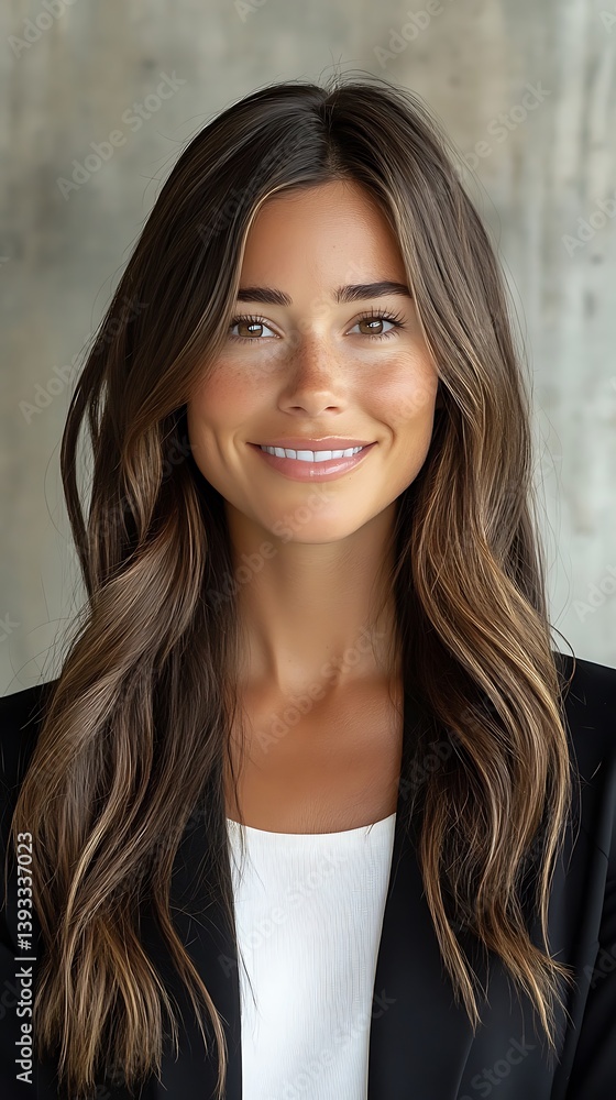 Attractive woman smiling broadly with long wavy brown hair Attractive woman smiling broadly with long wavy brown hair