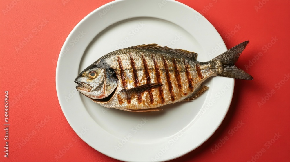 Round porcelain plate with grilled mackerel angled slightly on a solid red background with even lighting Round porcelain plate with grilled mackerel angled slightly on a solid red background with even lighting