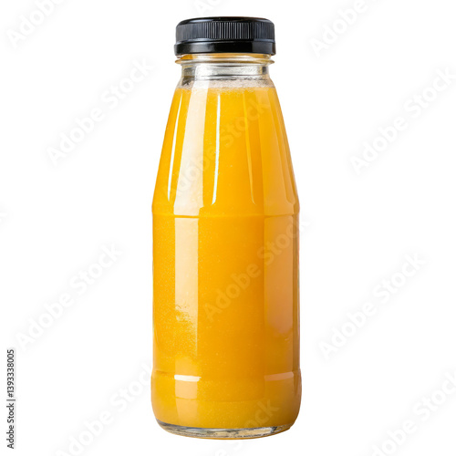 A glass bottle of orange juice with a black cap on a transparent background for a healthy beverage design