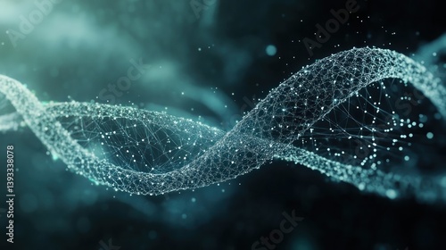 A biotechnology innovation background with a transparent DNA strand and futuristic data streams