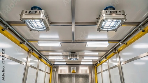 Bright Industrial Ceiling with Modern LED Lights in Well-Designed Workspace Environment