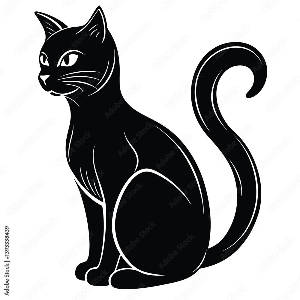 Obraz premium Elegant Black Cat Silhouette, Sitting Gracefully Surrounded by Foliage, Feline Motif