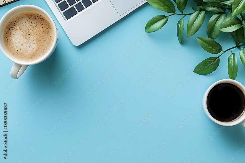 Fototapeta premium Minimalist Workspace Flat Lay with Coffee Cups Laptop and Green Plant on Blue Background for Modern Business and Creativity : Generative AI