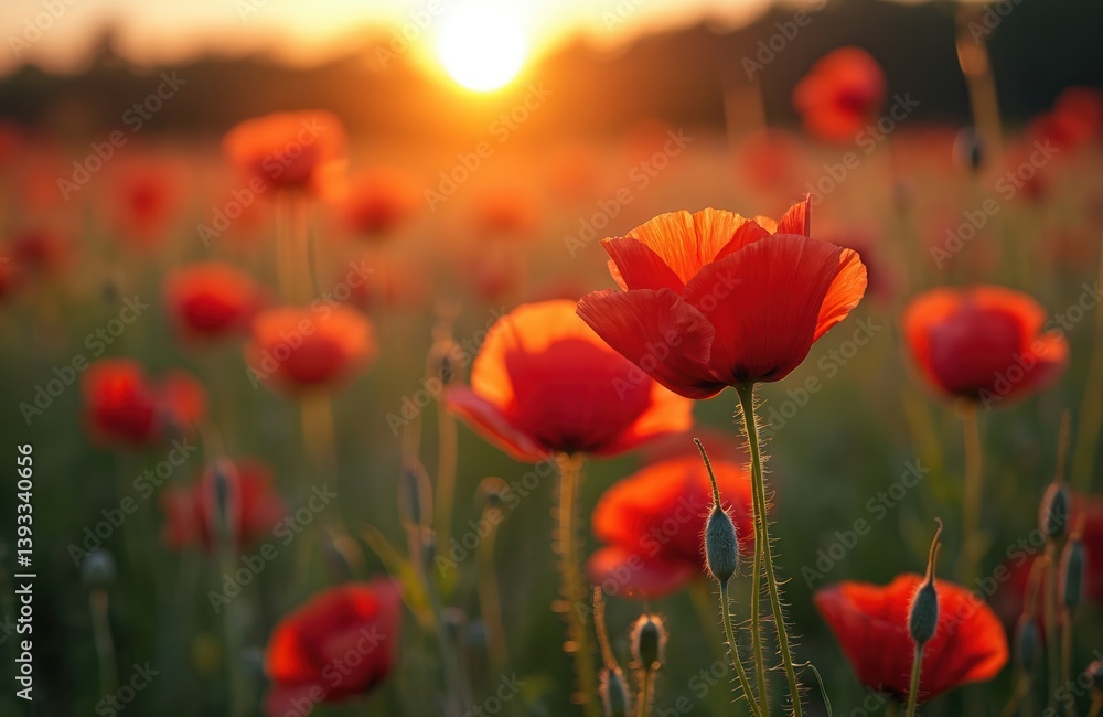 Obraz premium Poppy field at sunset. Red flowers in bloom, green grass. Sunlight, vibrant colors. Remembrance day memorial symbol, peaceful scenery. Nature beauty, rural landscape in spring, summer.