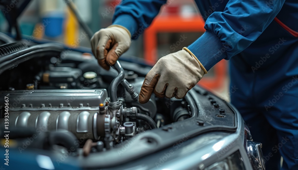 Mechanic in work gloves repairs car engine in auto repair shop. Auto mechanic checks vehicle with wrench, fixes issues. Car service, maintenance, engine diagnostic, automotive repair. Close-up Mechanic in work gloves repairs car engine in auto repair shop. Auto mechanic checks vehicle with wrench, fixes issues. Car service, maintenance, engine diagnostic, automotive repair. Close-up
